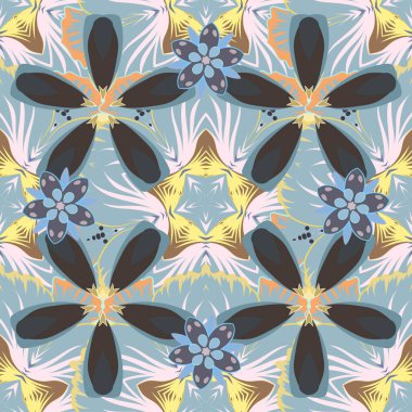 Şatafatlı, pürüzsüz kahverengi, sarı ve mavi süslemeli, stilize çiçekli. Vektör illüstrasyonu.