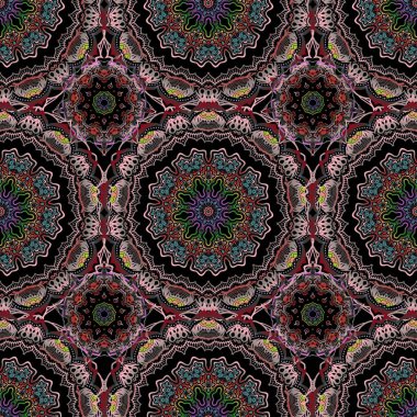 Kusursuz bir geçmişi var. Zarif vektör damaske duvar kağıdı. Yeşil, kırmızı ve pembe renklerde klasik dikişsiz desen.