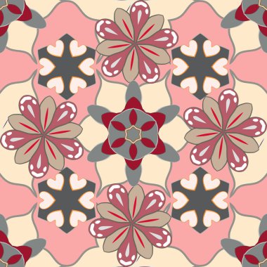 Kahverengi, bej ve pembe renklerde kusursuz desen. Küçük çiçeklerdeki sevimli çiçek desenleri. El çizimi soyut çiçekleri.