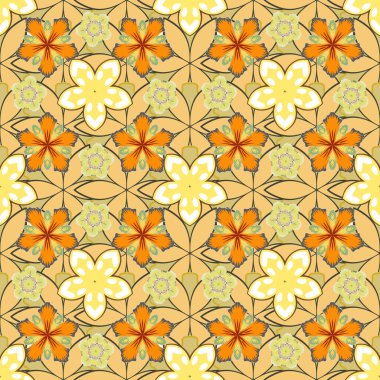 Sarı, yeşil ve turuncu mehndilerin vektörsüz desenleri. Geleneksel Hint tarzı, kına dövmesi, baskı, çıkartma, mehndi, yoga tasarımı için süs eşyası..