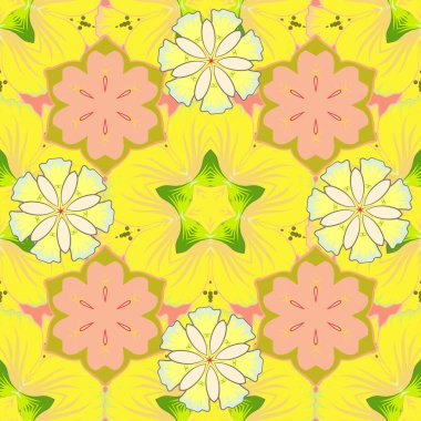 Vektör çizimi. Bej, sarı ve yeşil renklerde kusursuz çiçek deseni.