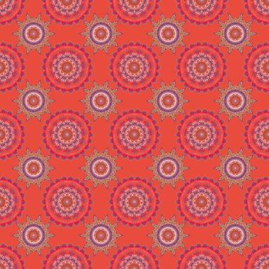 Renkli elementler, bukleler ve turuncu arkaplanda süslerle kusursuz bir desen. Doğu tarzı arabesk.