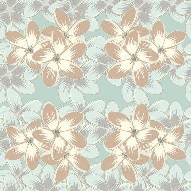Güzel vektör dokusu. Gri, mavi ve bej renklerde sevimli plumeria çiçekleriyle kusursuz bir desen. Bahar mahsulü çiçek arkaplanı.