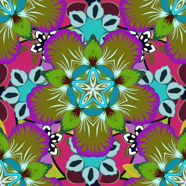 Mavi, yeşil ve mor dairesel mandala, yıldızlar ve kar taneleri elsments ile geleneksel süsleme arkaplan vektörsüz desen.