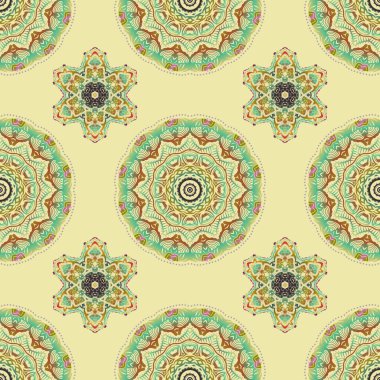 Bej retro arka planda çok renkli yıldızların pürüzsüz deseni. Duvar kağıdı, Noel süsü, konfeti, tekstil, ambalaj için soyut, parlak renkli tasarım. Tatil sembolü.