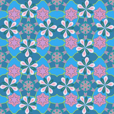 Kusursuz çiçek deseni. Bir sürü küçük yeşil, mor ve mavi çiçekli kusursuz desen. Vektör soyut çiçek arkaplanı.