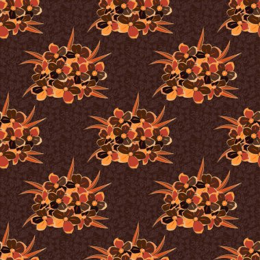 Dekorasyon ve tasarım için mükemmel bir vektör kusursuz desen. Kahverengi, siyah ve turuncu renkli şık primula çiçekleri olan moda baskılar. Primula çiçekleriyle klasik tarzda enfes bir desen..