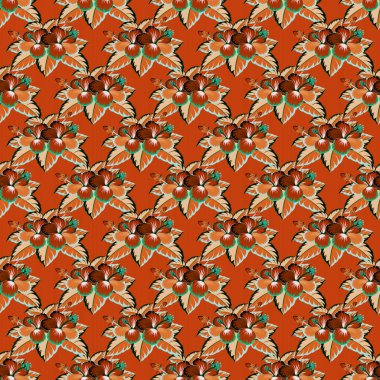 Çeşitli turuncu, bej ve yeşil amber çiçekleri. Vektör çiçeksiz desen.