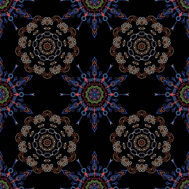 Çiçekli ve Mandala elementli zarif, pürüzsüz bir desen. Güzel el yapımı, pürüzsüz vektör çizimi.