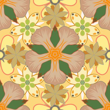 Sarı, bej ve yeşil renklerde raster tasarımı. Çiçeksiz desenli küçük çiçekli basit çiçek deseni. Ditsy tarzı.