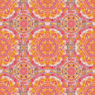 Vektör çizimi. Pembe zemin üzerinde çok renkli elementlerin kusursuz vektör görüntüsü. Duvar kağıdı, sunum, tasarım, tekstil için.