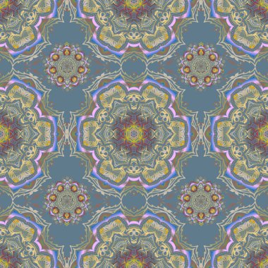 Klasik lüks, eski moda İspanyol süsü, duvar kağıtları, tekstil ve ambalaj için kraliyet Victoria dönemi dikişsiz dokusu. Mavi ve sarı renklerde zarif bir barok şablonu. Vektör damaskesiz desen