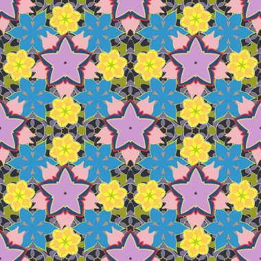 Sarı, pembe ve mavi renklerde küçük, pürüzsüz desenler. Şık bir şekilde stilize edilmiş çiçekler. Çiçek duvar kağıdı.