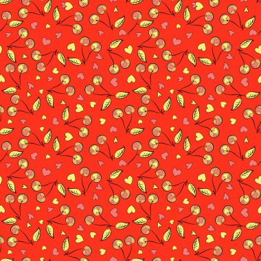 Klasik tarzda stilize edilmiş kiraz tasarımı. Soyut dekorasyonun tasviri. Kırmızı, sarı ve yeşil kirazlı kusursuz vektör deseni.