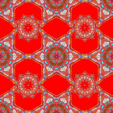 Çok renkli yıldızlı çok renkli bir süs, süslü kırmızı arka planda filigran dekoru. Şatafatlı çiçeksiz desen, düğme desenli doku, eski tarz dekoratif elementler. Vektör tasarımı.