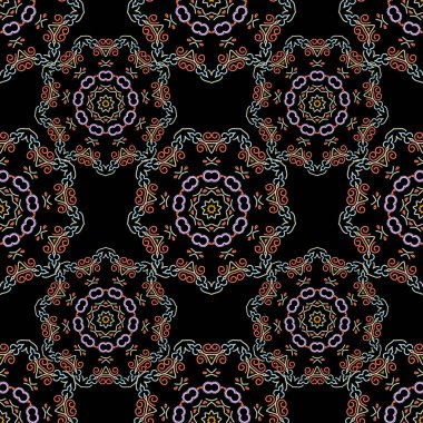 Arap tarzında soyut bir model. Grafiksel modern model. Kusursuz vektör arkaplanı. Siyah arkaplanda turuncu ve sarı doku.