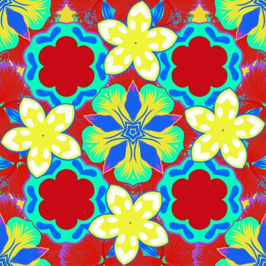 Kusursuz soyut modern çok renkli desen. Geometrik tekrarlayan vektör süslemesi ile mavi, sarı ve kırmızı elementler.