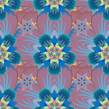 Geleneksel doğulu desensiz şal deseni. Kumaş, tekstil ve ambalaj kağıtları için dekoratif süs. Şal desenli, vektör çizgili, pürüzsüz desen. Çiçek duvar kağıdı mavi, bej ve yeşil renklerde.