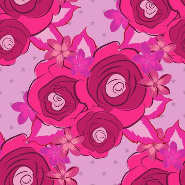 Şirin gül çiçekleri ve yeşil yapraklar. Çizgili arka planda dikişsiz suluboya desen. Mor, pembe ve mor renkli çiçek deseni..
