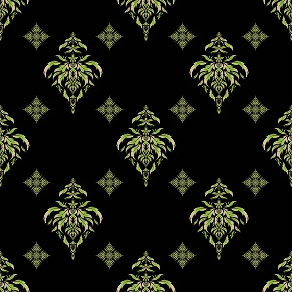 ファブリックや繊維のためのヴィンテージシームレスパターン 黒を基調とした装飾的な緑とベージュの要素 — ストックベクタ