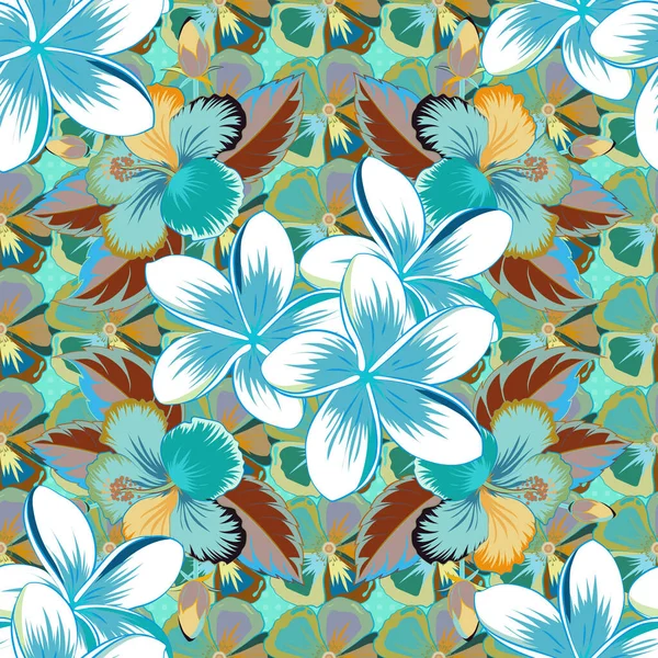 Voorjaarsblad Met Abstracte Schattige Bloemen Witte Groene Blauwe Kleuren Bloemen — Stockvector