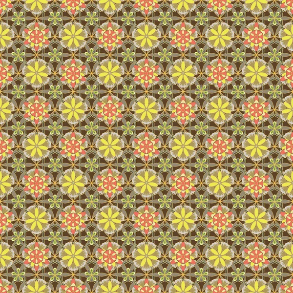 Безшовна Текстура Квіткового Орнаменту Жовтому Сірому Коричневому Кольорах Оптична Ілюзія — стоковий вектор