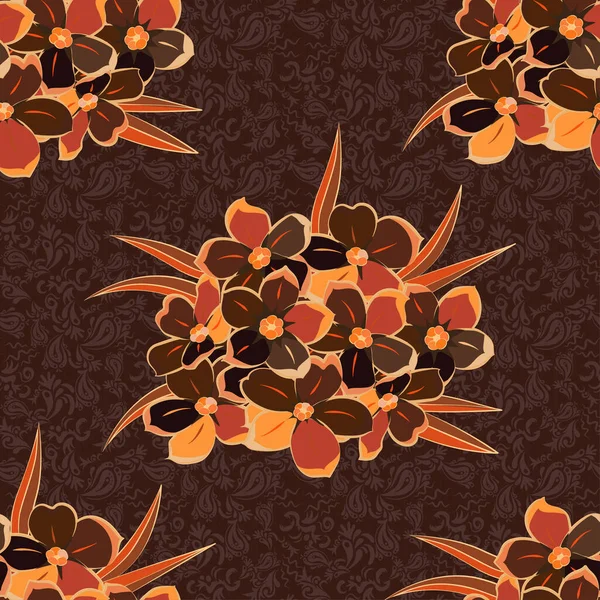 Цветочный Винтажный Безseamless Узор Коричневого Черного Оранжевого Цветов Симпатичный Векторный — стоковый вектор