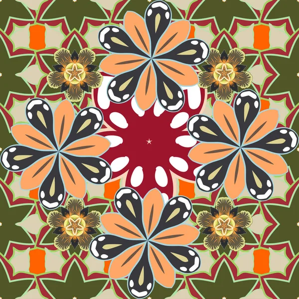 Fleurs Motif Sans Couture Dans Les Couleurs Jaune Rouge Vert — Image vectorielle