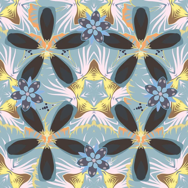 Şatafatlı Pürüzsüz Kahverengi Sarı Mavi Süslemeli Stilize Çiçekli Vektör Illüstrasyonu — Stok Vektör
