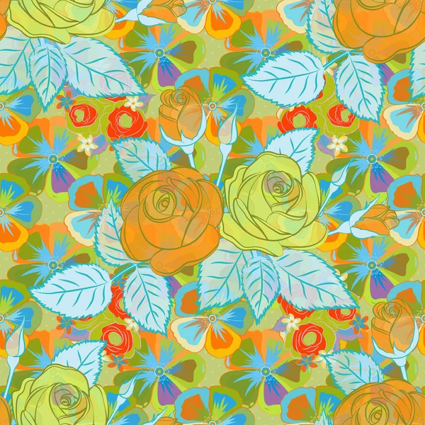 Stockvektorillustration Sömlös Mönster Abstrat Ros Blommor Och Blad Blå Orange — Stock vektor