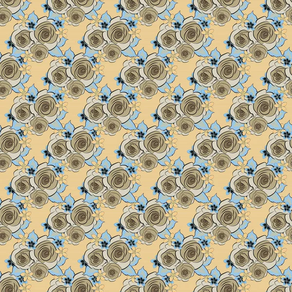 Aquarel Bloembeeld Met Beige Blauwe Roos Bloemen Raster Naadloos Patroon — Stockvector