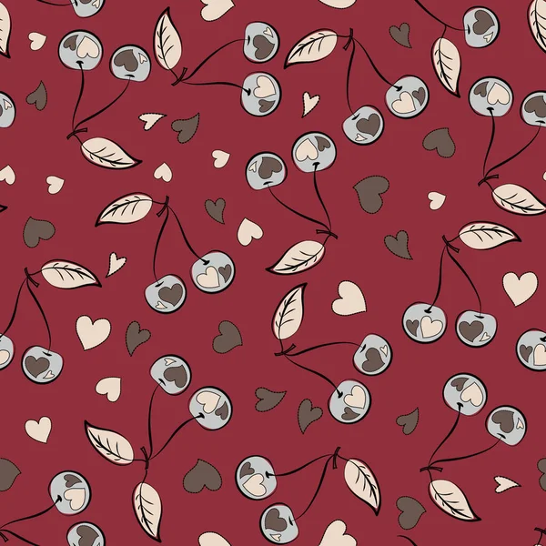 Vector Illustration Seamless Background Pattern Hand Drawn Elements Cherry Beige — Stock Vector