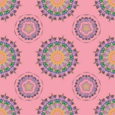 Vektör çizimi. Dekoratif simetri arabesk. Ortaçağ kraliyet düzeni. Pembe, yeşil ve gri desenli. Doğum günü kartı, davetiye ya da afiş için iyi..