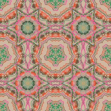 Bej, pembe, turuncu ve yeşil renklerde vektör damaskesiz desen. Klasik lüks eski moda İspanyol süsü, basım, tekstil, ambalaj veya kumaş için kraliyet Victoria dönemi dikişsiz dokusu.