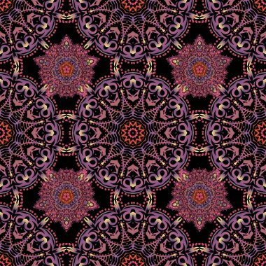 Süslü sınır. Kusursuz damaske deseni, kahverengi, mor ve kırmızı klasik duvar kağıdı. Vektörsüz desen.