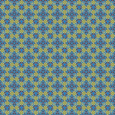 Bir sürü çiçek buketi olan şirin, pürüzsüz bir desen. Bir sürü çiçek sarı, mavi ve kahverengi renklerde..