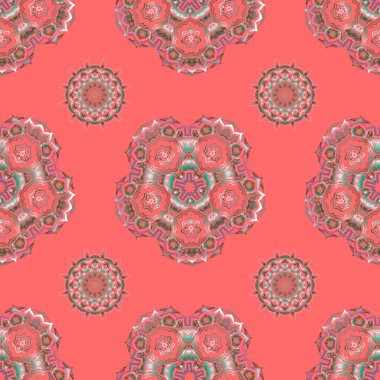 Damask, yeşil ve pembe renklerde kusursuz arkaplan deseni. Vektör illüstrasyonu.