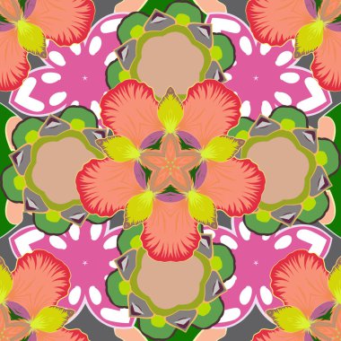 Bej, pembe ve sarı renklerde kusursuz el çizimi. Raster illüstrasyonu. Küçük çiçekte şirin bir raster çiçeği deseni var..