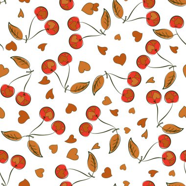 Bej, mavi ve turuncu kirazlı kusursuz bir arka plan. Renkli benekli vektörsüz arkaplan.