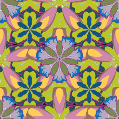 Doğu ya da Arap, Rusya sanat geçmişi. Kart ya da afiş için kusursuz şablon. Stok vektörü soyut el çizimi deseni mavi, sarı ve pembe renkli çiçekler.