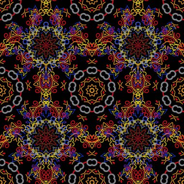 Sarı, kırmızı ve mavi kar taneli soyut kar fırtınası. Kış fırtınası sanatı. Kar taneleriyle kusursuz desen. Kış havası. Kış havası. Siyah arkaplanda kar dokusu şablonunu üfle.