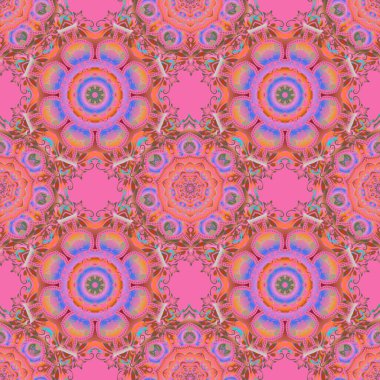 Damask deseni yeşil, pembe ve turuncu renklerde. Kumaş, duvar kağıdı, arka plan, davetiye, ambalaj ve kitap kapakları için el yapımı tasarım. Vektör vintage süsü (doğu tarzı).