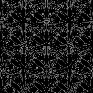 Siyah ve beyaz renklerde ana hatları olmayan yıldızlar. Duvar kağıdı, Noel süsü, konfeti, tekstil, ambalaj için soyut vektör silueti tasarımı. Tatil sembolü..