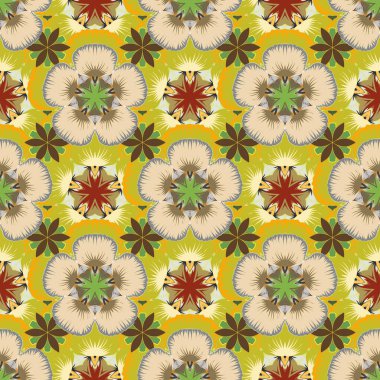 Sarı, gri ve bej renklerde, karışık çiçekli kusursuz çiçek deseni. Vektör illüstrasyonu.