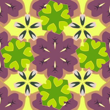 Küçük çiçekte şirin bir desen. Ditsy çiçekli arka plan. Moda baskıları için zarif bir şablon. Yeşil, mor ve sarı renkli küçük çiçeklerle kusursuz desen.