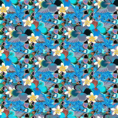 Eski tarz. Tropik çiçekler, amber yaprağı tomurcukları, mavi, kahverengi ve gri renklerde kusursuz vektör desenleri..