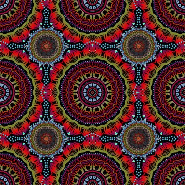 Zarif mavi, kırmızı ve yeşil desenli ve Mandala elementli. El çizimi güzel bir vektör çizimi.