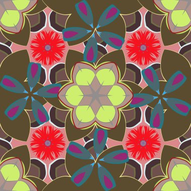 Raster tasarımı kahverengi, bej ve yeşil renklerde. Ditsy tarzı. Çiçeksiz desen, küçük çiçekli basit çiçek deseni..