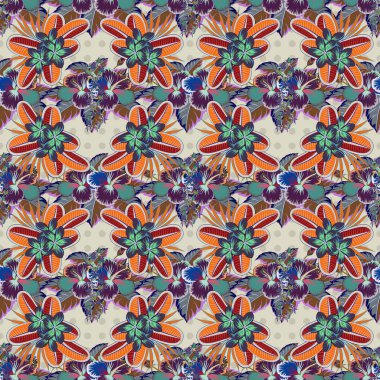 Şirin taşıyıcı Plumeria çiçek izi. Vektör çizimi. Çiçeklerin turuncu, gri ve mor renklerde dikişsiz deseni.