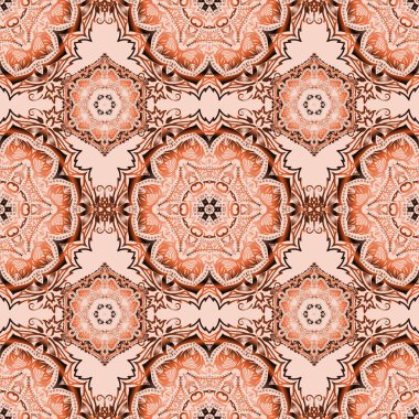 Çiçekli ve Mandala elementli zarif, pürüzsüz bir desen. Güzel kırmızı, pembe ve bej el çizimi, pürüzsüz vektör çizimi.